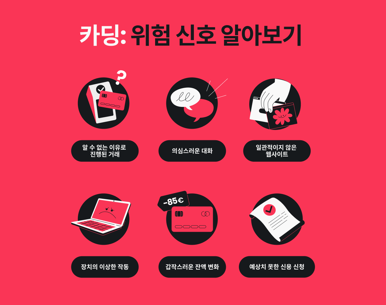 예기치 않은 거래 및 의심스러운 통신을 포함한 카딩 공격의 6가지 경고 신호를 나열한 인포그래픽.