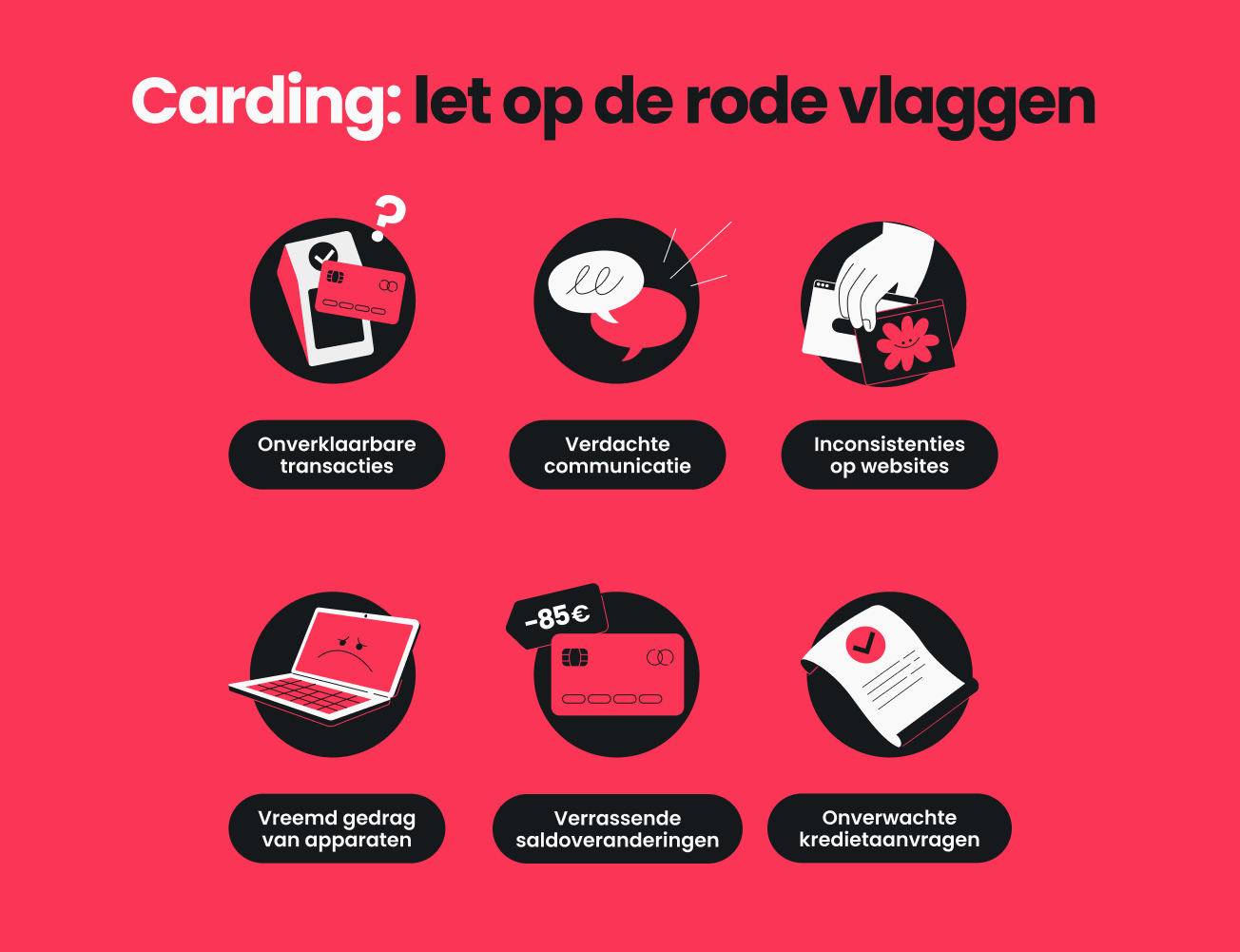 Infographic met zes waarschuwingssignalen van een cardingaanval, zoals onverklaarbare transacties en verdachte berichten.