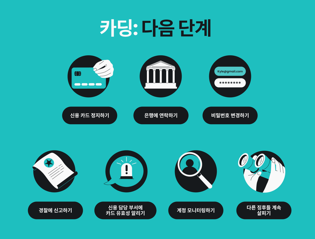 신용카드 정지를 포함하여 카딩의 피해자가 되었을 때 따라야 할 7개의 단계를 나열한 인포그래픽.