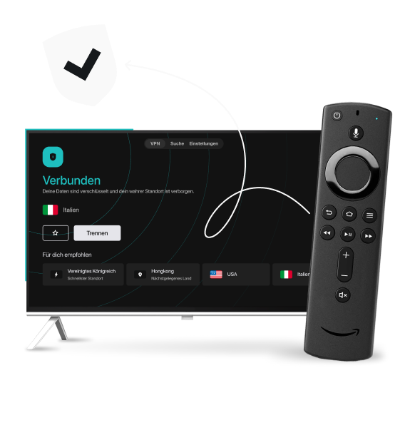Ein Smart-TV mit der Surfshark VPN-Oberfläche neben einer Amazon Fire TV-Fernbedienung, einem gebogenen Pfeil und einem Häkchen-Symbol.