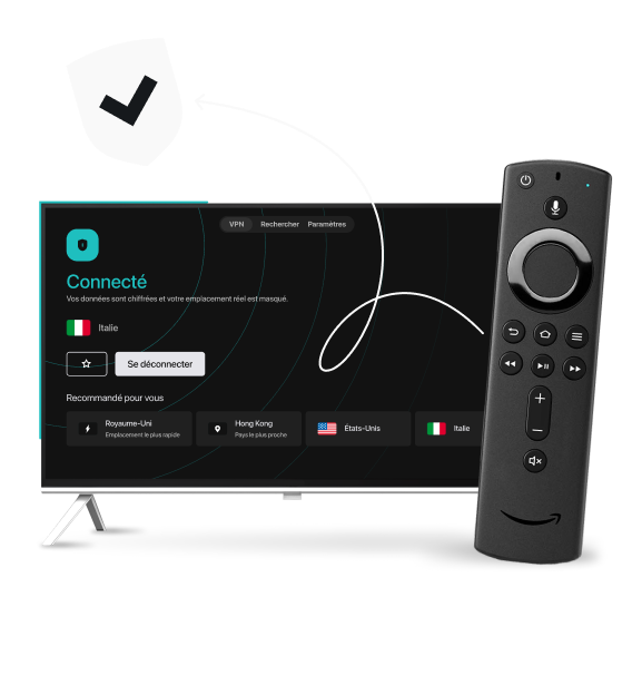Un téléviseur connecté affichant l’interface de Surfshark VPN à côté d’une télécommande Amazon Fire TV, d’une flèche courbée et d’un bouclier orné d’une coche.