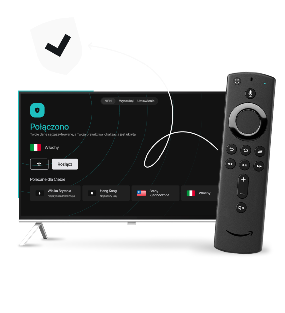 Telewizor smart TV, na którym widać interfejs VPN Surfshark obok pilota do Amazon Fire TV, zakrzywioną strzałkę i oznaczoną tarczę.