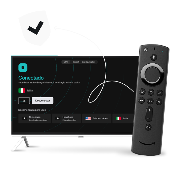 Uma smart TV exibindo a interface da Surfshark VPN ao lado de um controle remoto do Amazon Fire TV, uma seta curva e um escudo com marca de verificação.