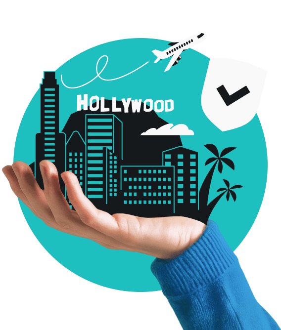 A hand holding a cityscape showing the Hollywood sign, palm trees, skyscrapers, and an airplane next to a checkmarked shield.
