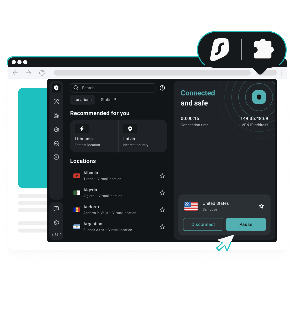 A screenshot of the Surfshark VPN browser extension interface under the Surfshark logo and puzzle piece extension icon.