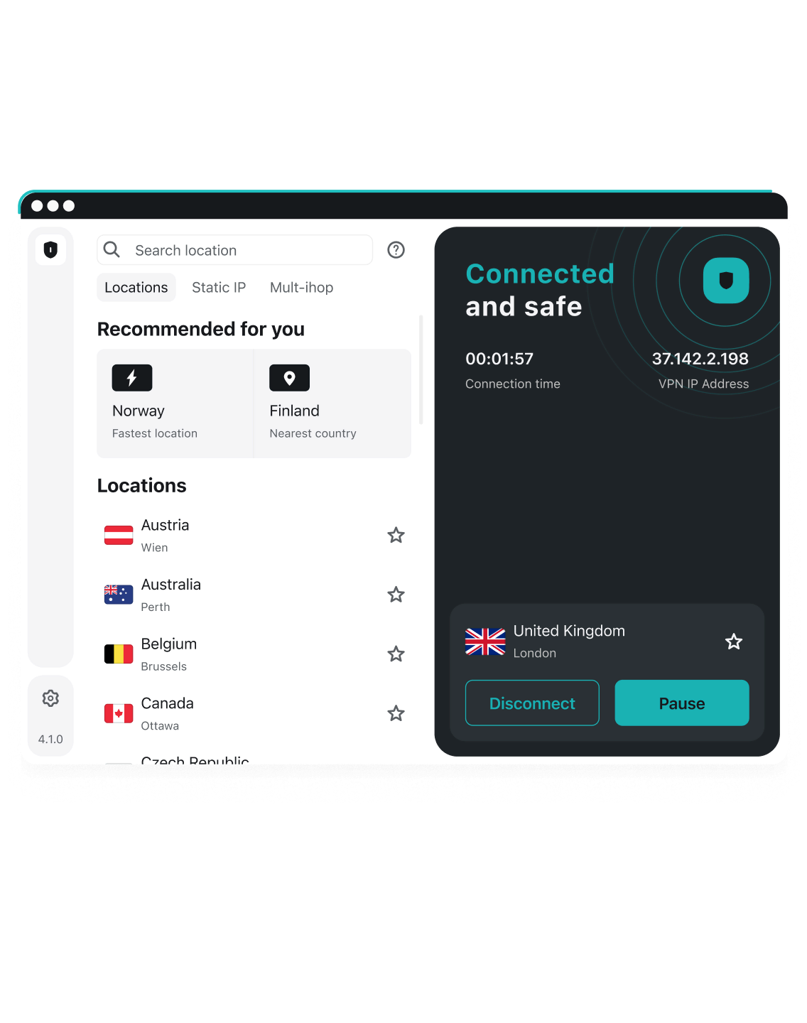 Surfshark VPN Linux app dashboard showing a safe connection to the UK server.