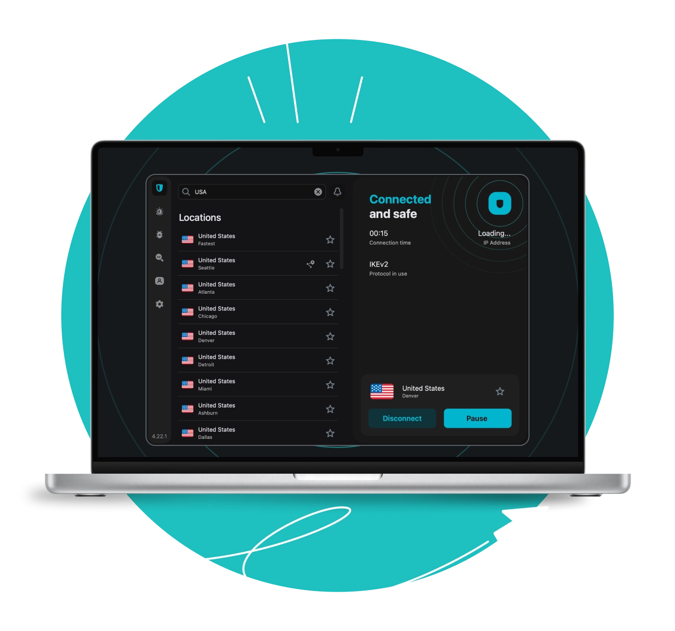 Laptop screen showing the Surfshark VPN app interface displaying US server locations over a curved line and cursor arrow.