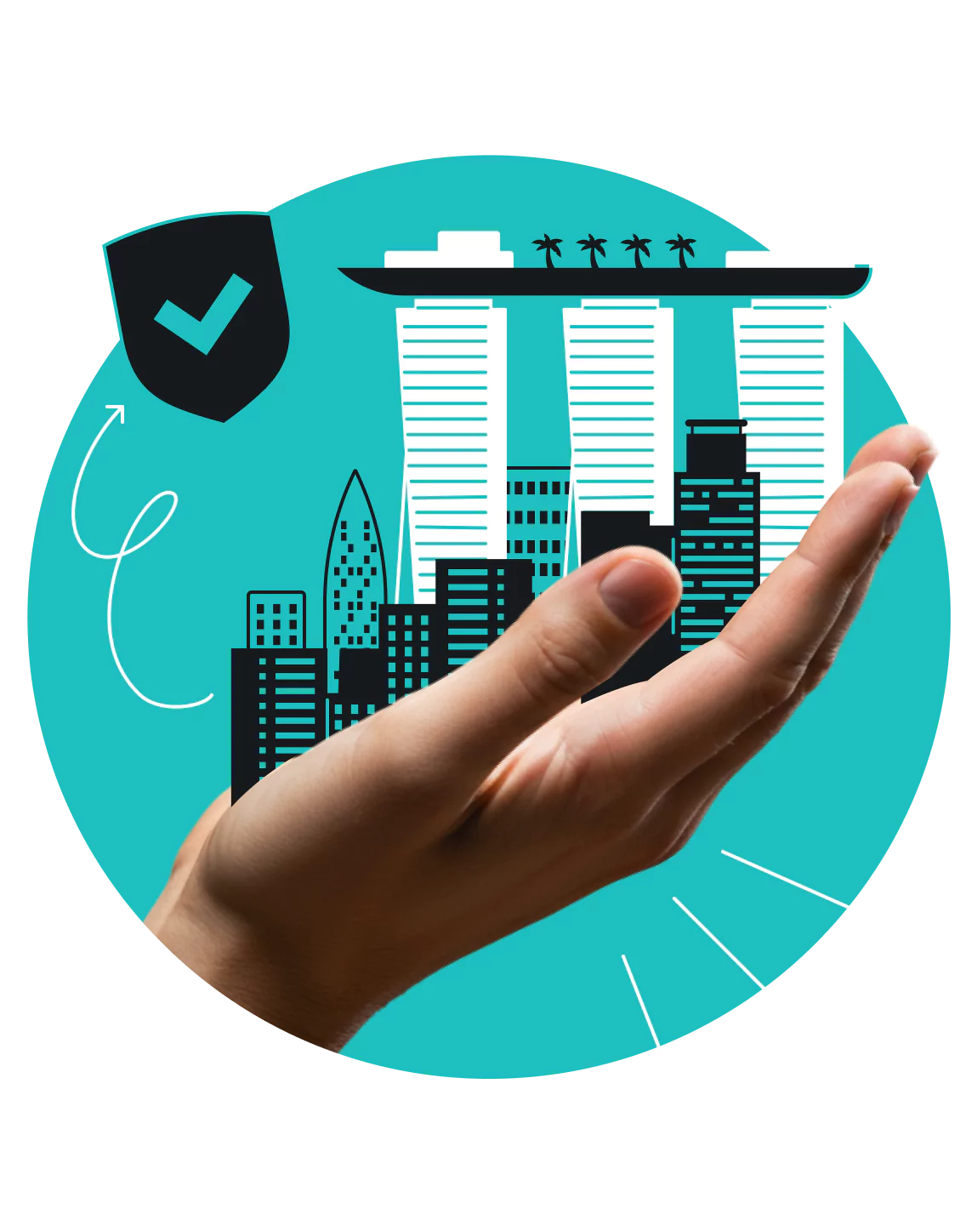 A hand holding an illustrated city skyline with Marina Bay Sands, and a checkmarked shield above it.