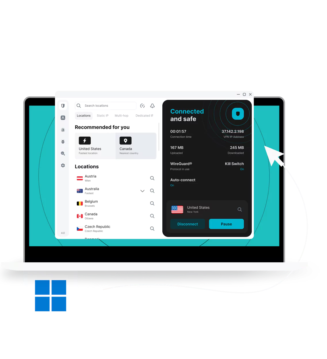 Laptop screen showing the Surfshark VPN app interface above a blue Windows logo next to a curved line and cursor arrow.