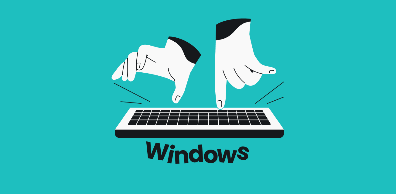 Two hands typing on a keyboard, with sets of impact lines radiating outward and the word Windows underneath.