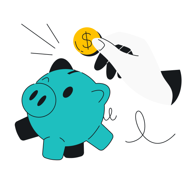 A winking piggybank with a hand above it holding a coin.
