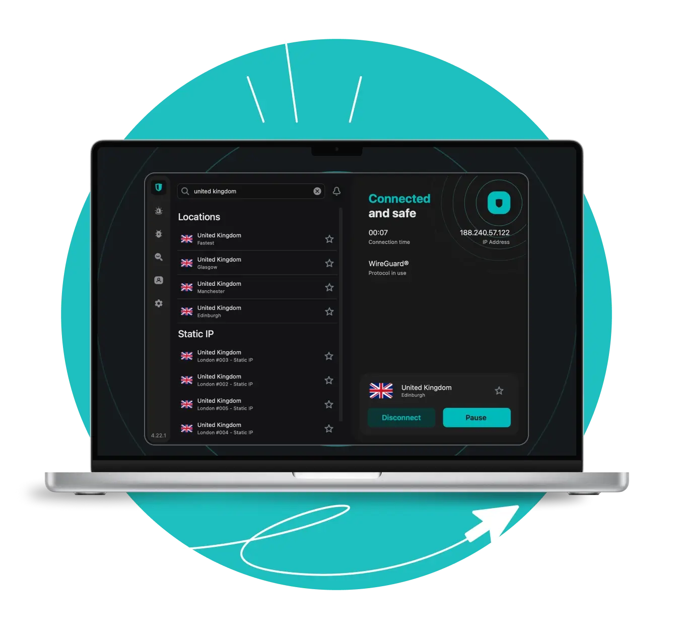 Laptop screen showing the Surfshark VPN app interface displaying UK server locations over a curved line and cursor arrow.