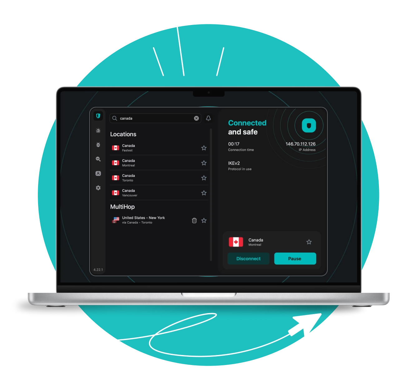 Laptop screen showing the Surfshark VPN app connected to a Canada server, displaying secure connection status and IP address.
