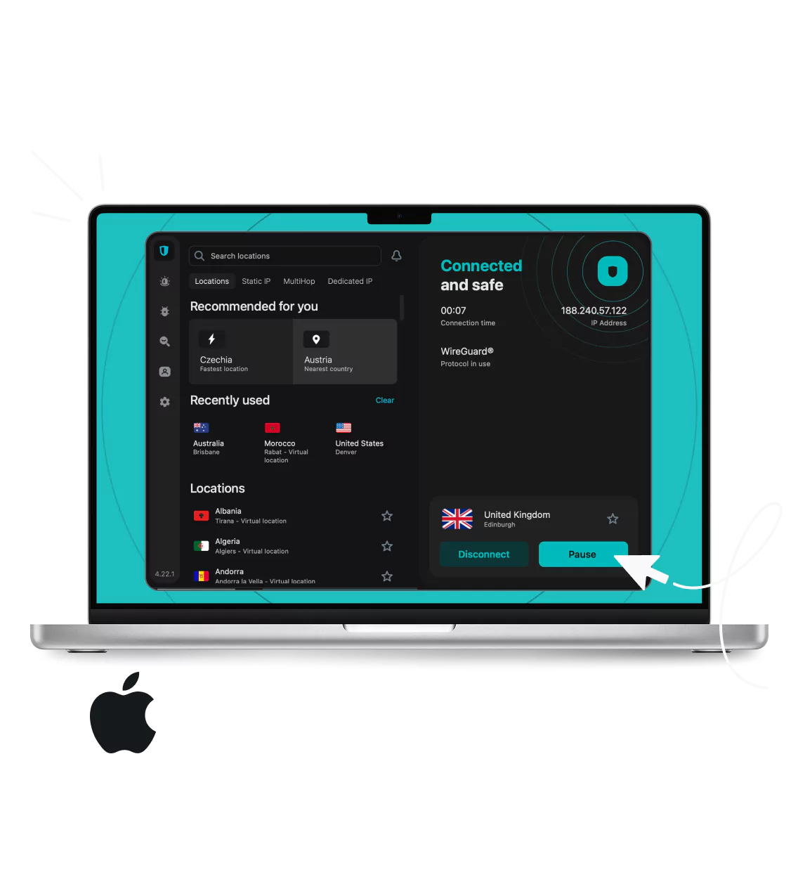 A MacBook displaying the Surfshark VPN app interface and the Apple logo below it