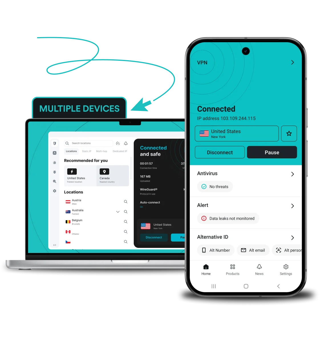 Surfshark VPN app interface on a laptop and smartphone with Connected status and text highlighting use on multiple devices.
