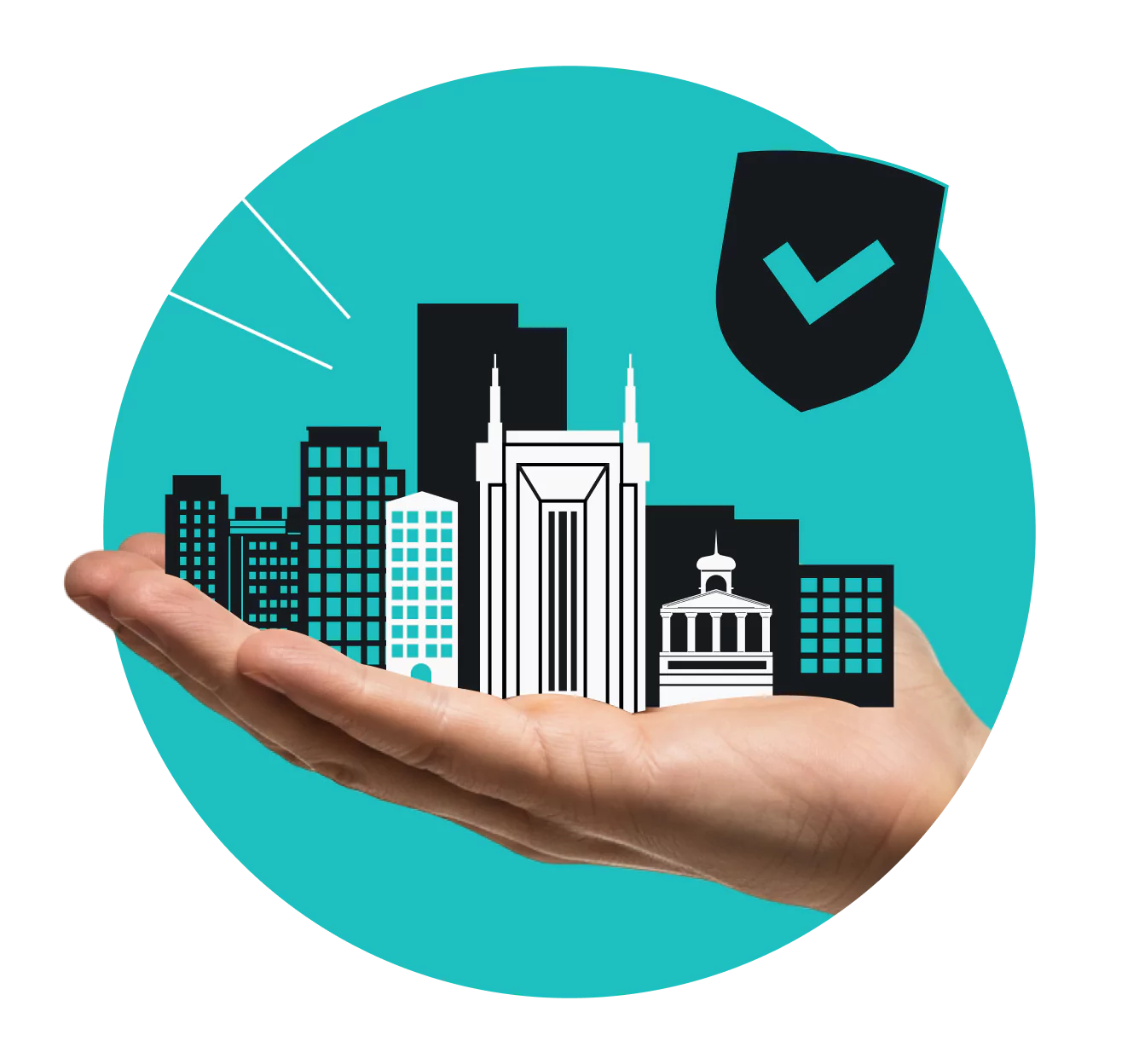 A hand holding the Singaporean cityscape, with a checkmarked shield floating above.