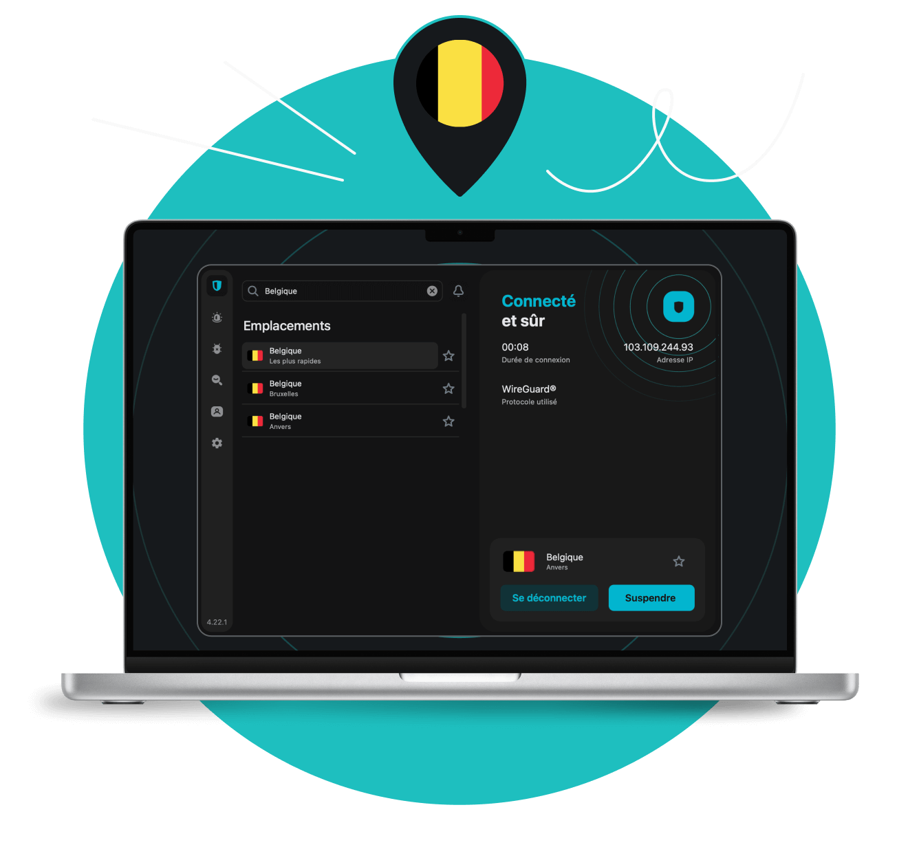 Écran d'ordinateur portable affichant l'interface de l'application Surfshark VPN, montrant des serveurs en Belgique sous une épingle de localisation avec le drapeau belge.