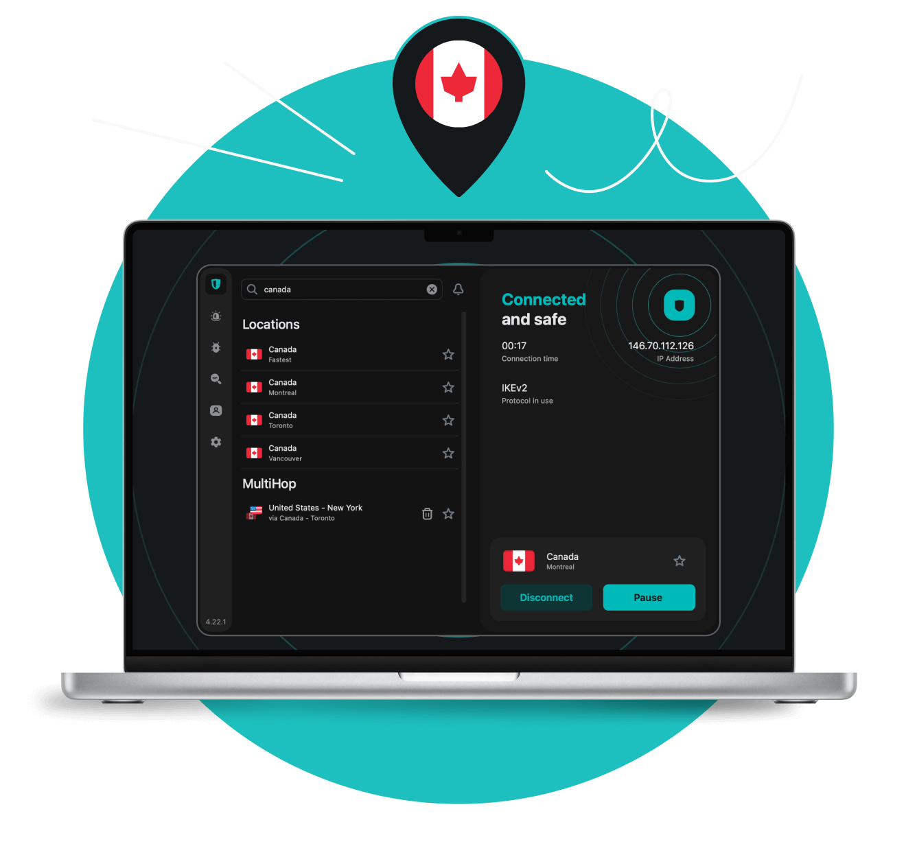 Laptop screen with the Surfshark VPN app interface showing Canadian servers under a location pin with the Canadian flag.