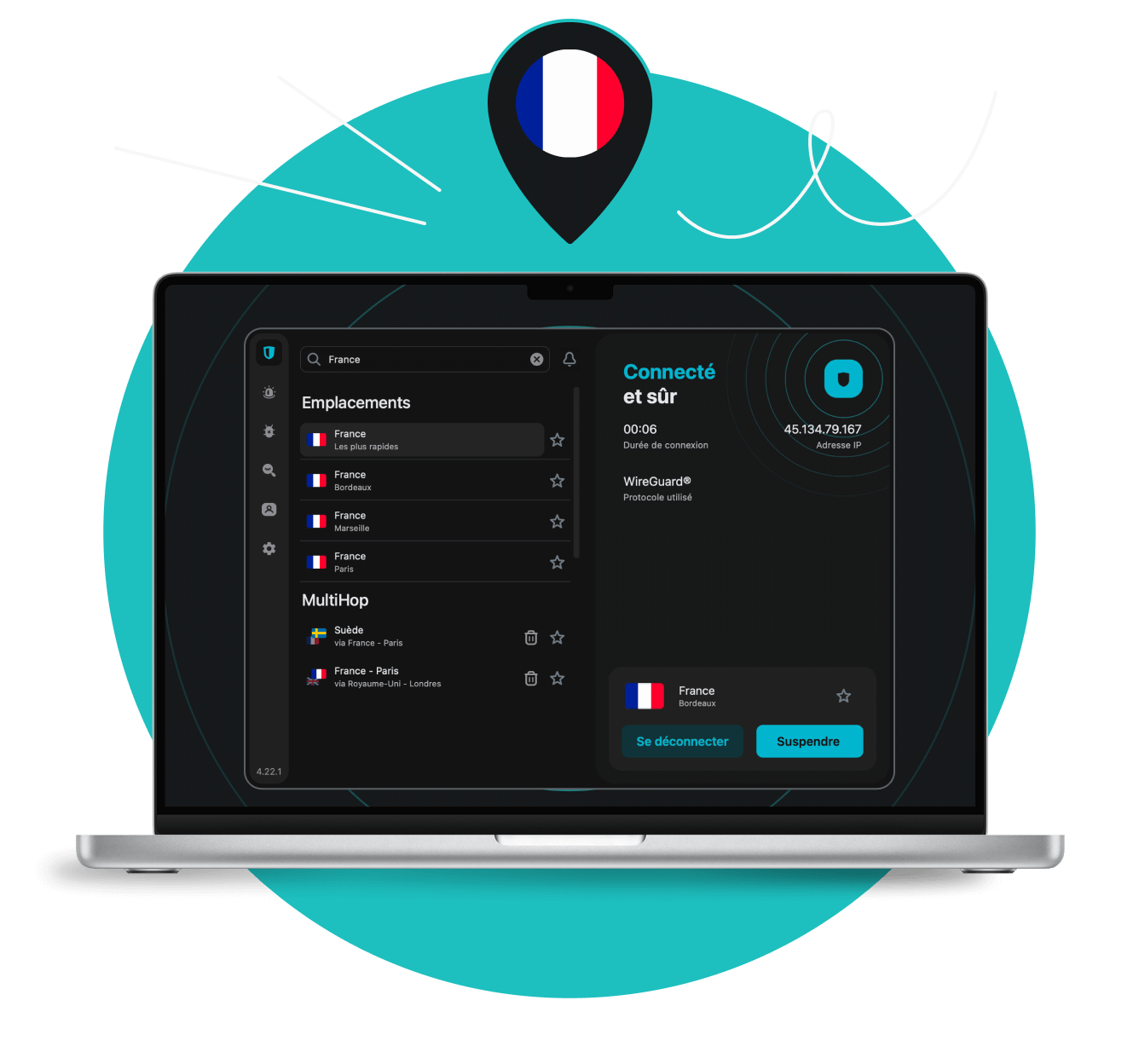 Écran d'ordinateur portable affichant l'interface de l'application Surfshark VPN, montrant des serveurs en France sous une épingle de localisation avec le drapeau français.