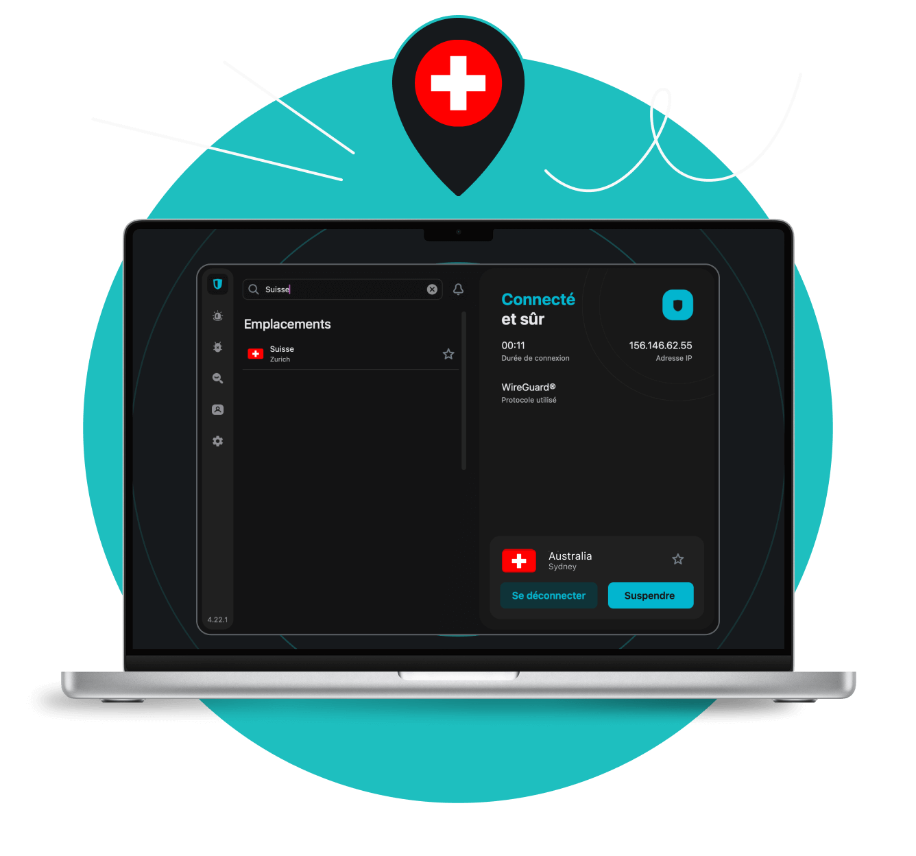 Écran d'ordinateur portable affichant l'interface de l'application Surfshark VPN, montrant des serveurs en Suisse sous une épingle de localisation avec le drapeau suisse.