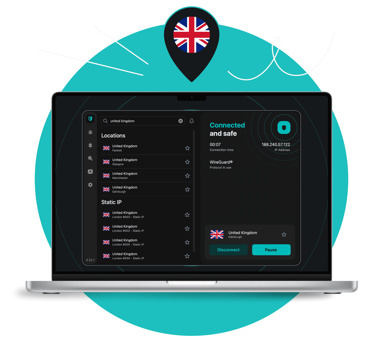 Laptop screen with the Surfshark VPN app interface showing UK servers under a location pin with the UK flag.
