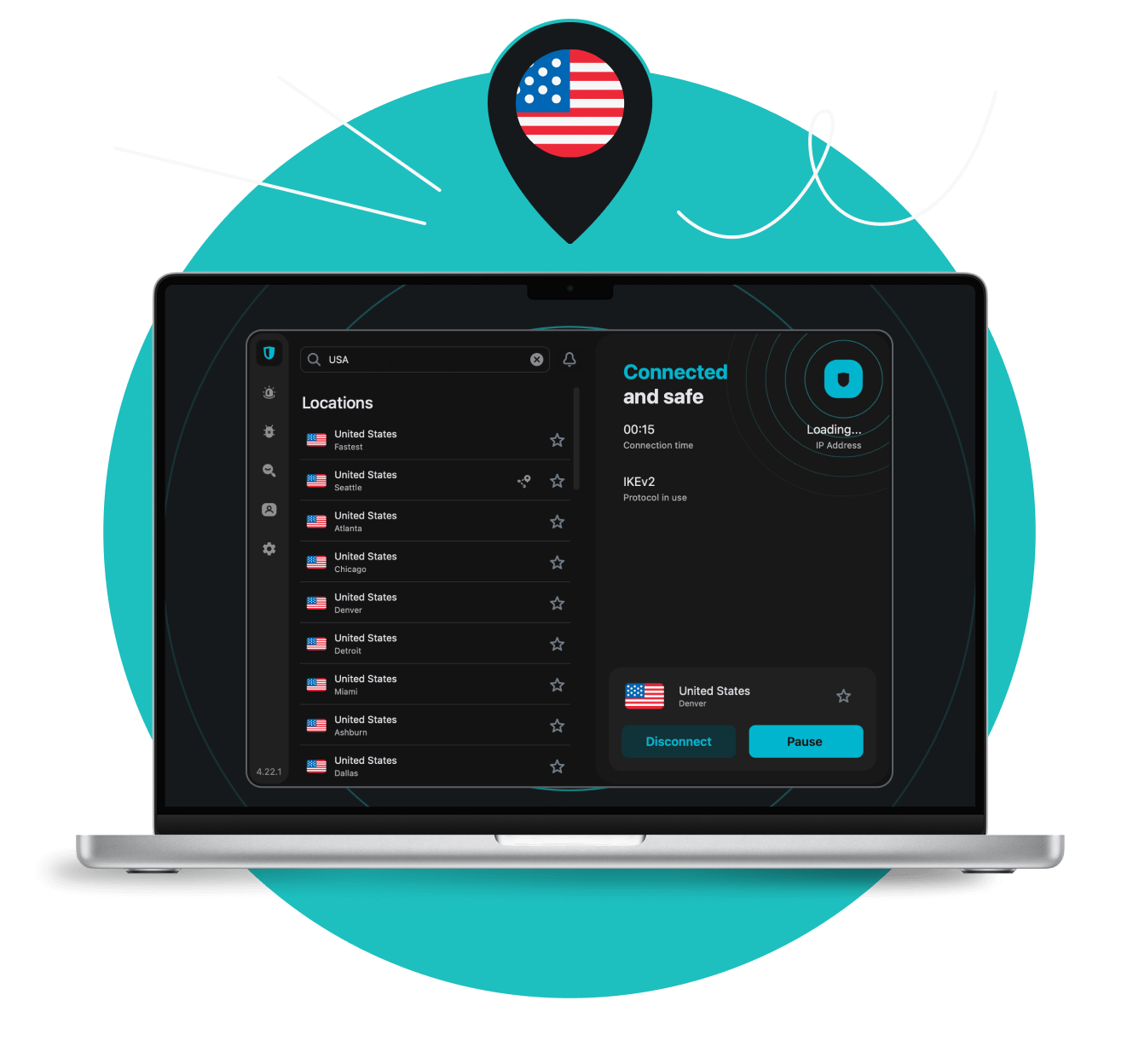Laptop screen with the Surfshark VPN app interface showing US servers under a location pin with the US flag.