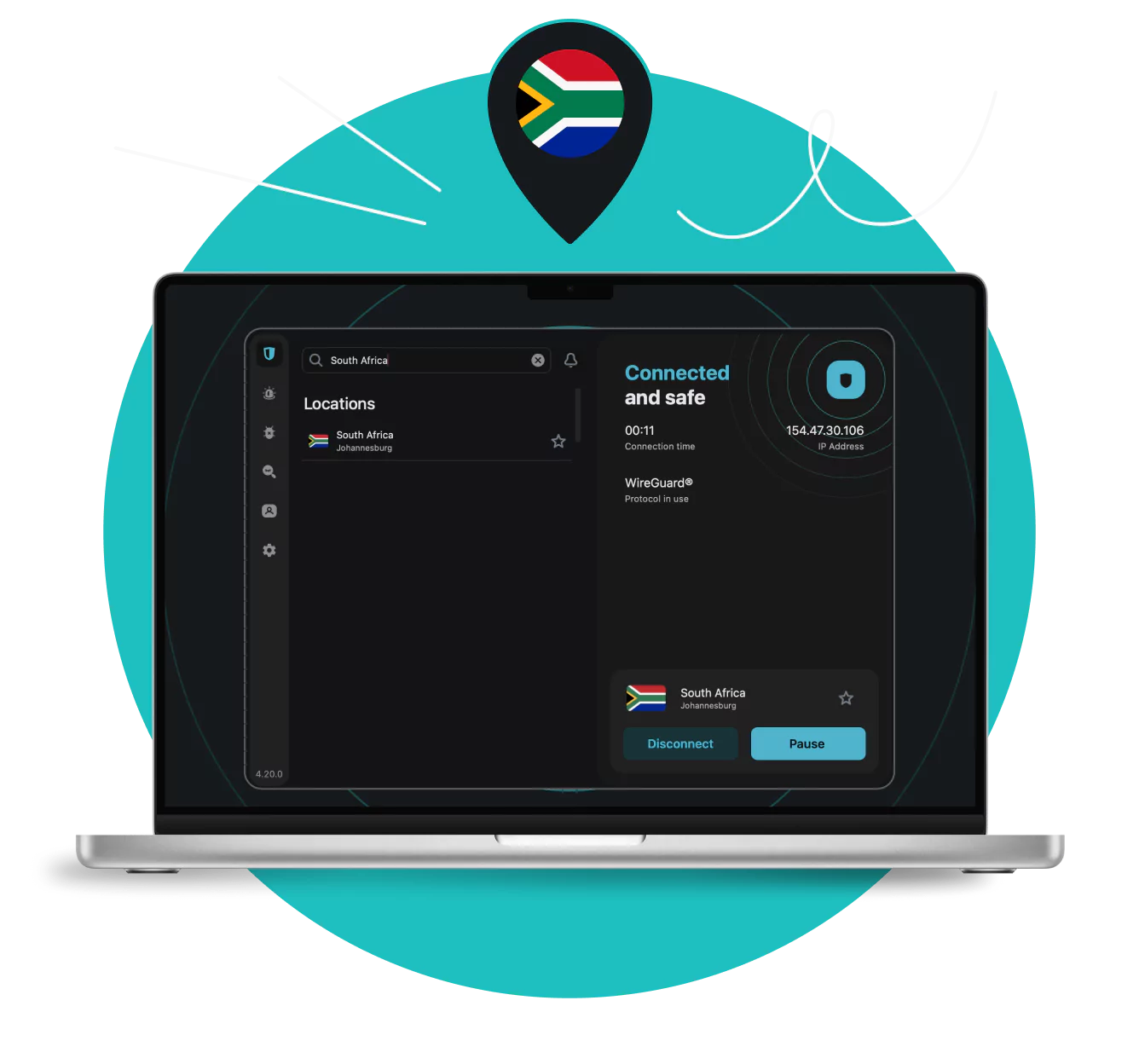 Laptop screen with the Surfshark VPN app showing South African servers under a location pin with the South African flag.