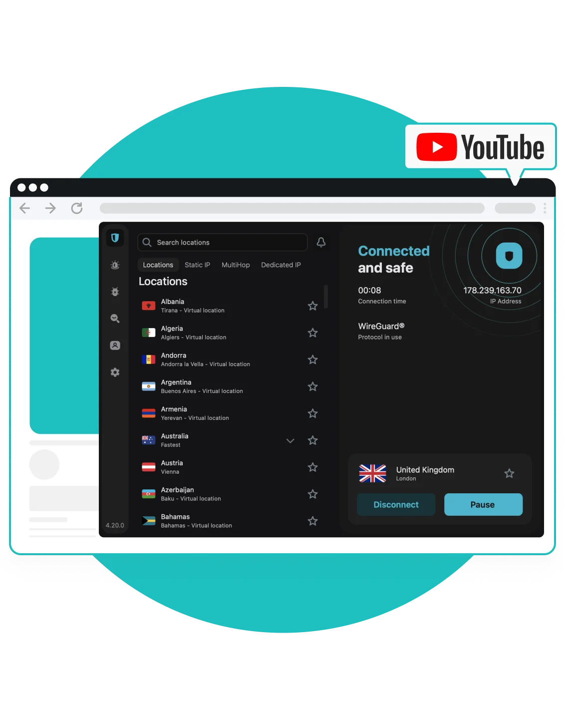Surfshark VPN interface in an internet browser window showing server locations and a UK connection under the YouTube logo.
