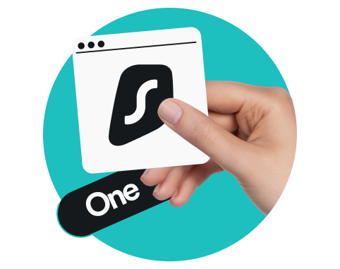 Hand holding a label with One on it and a browser window with the Surfshark logo.