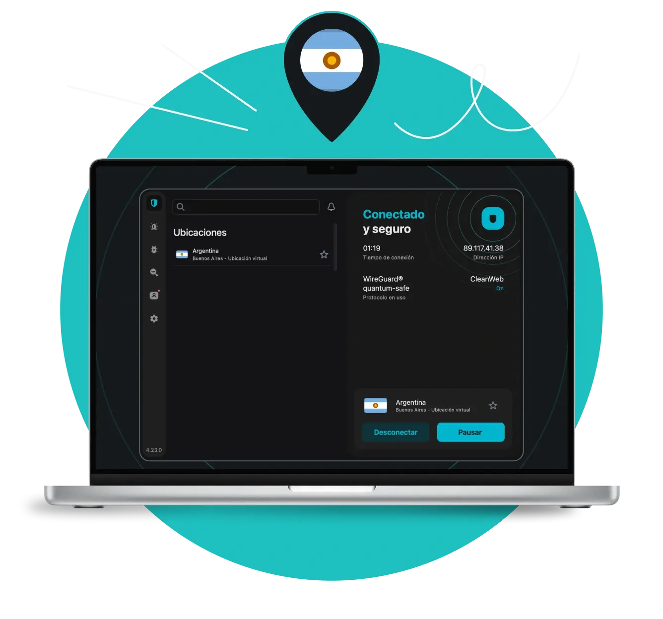 Pantalla de una laptop con la aplicación Surfshark VPN mostrando servidores argentinos bajo un pin de ubicación con la bandera argentina.