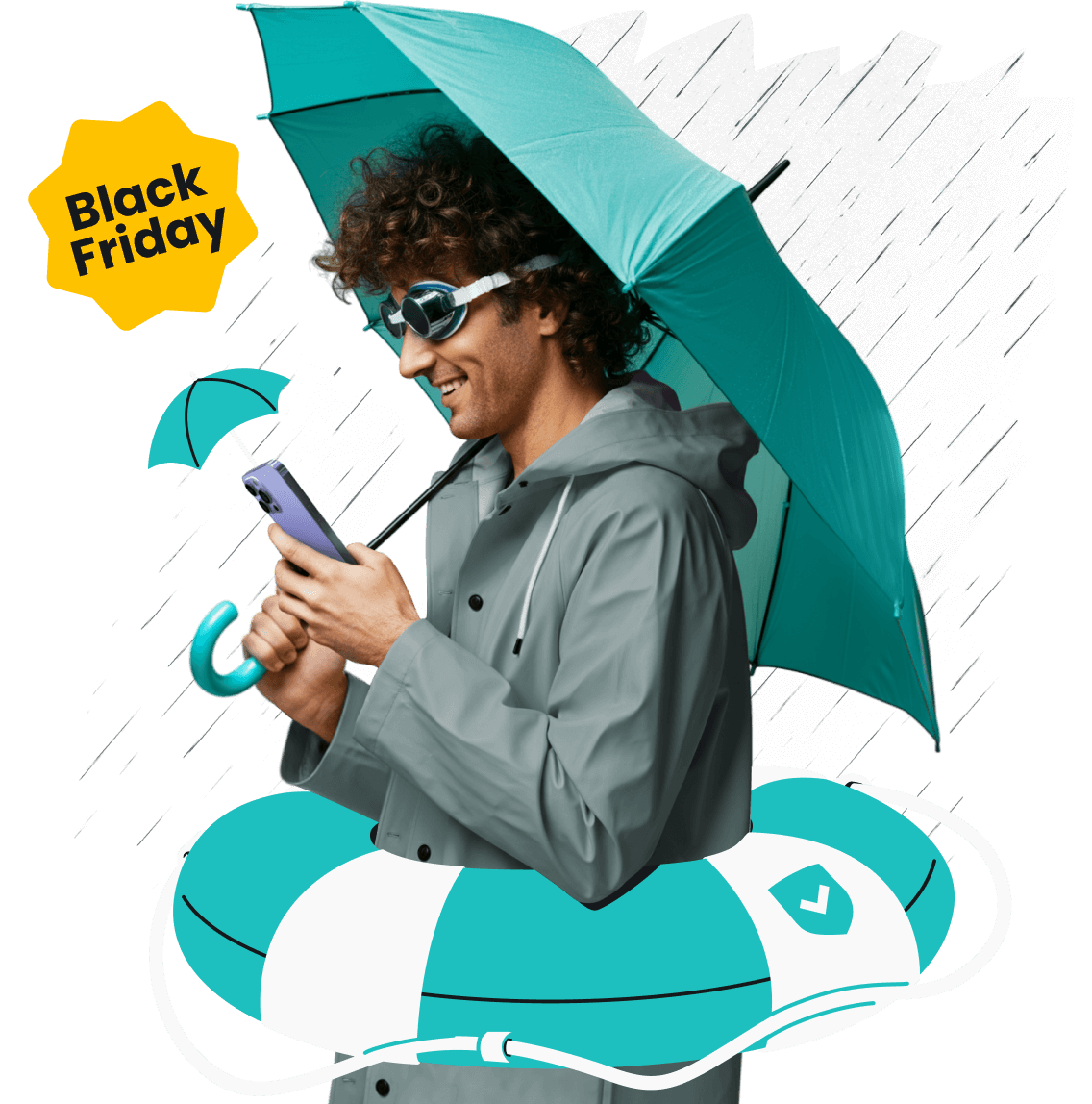 A man with an umbrella wearing goggles, a rain jacket, and a lifebuoy, holding a phone with a Black Friday label above it.

