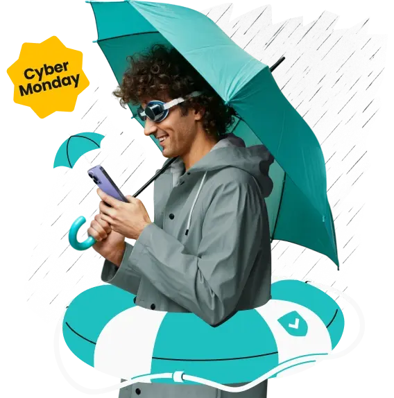 A man with an umbrella wearing goggles, a rain jacket, and a lifebuoy, holding a phone with a Cyber Monday label above it.
