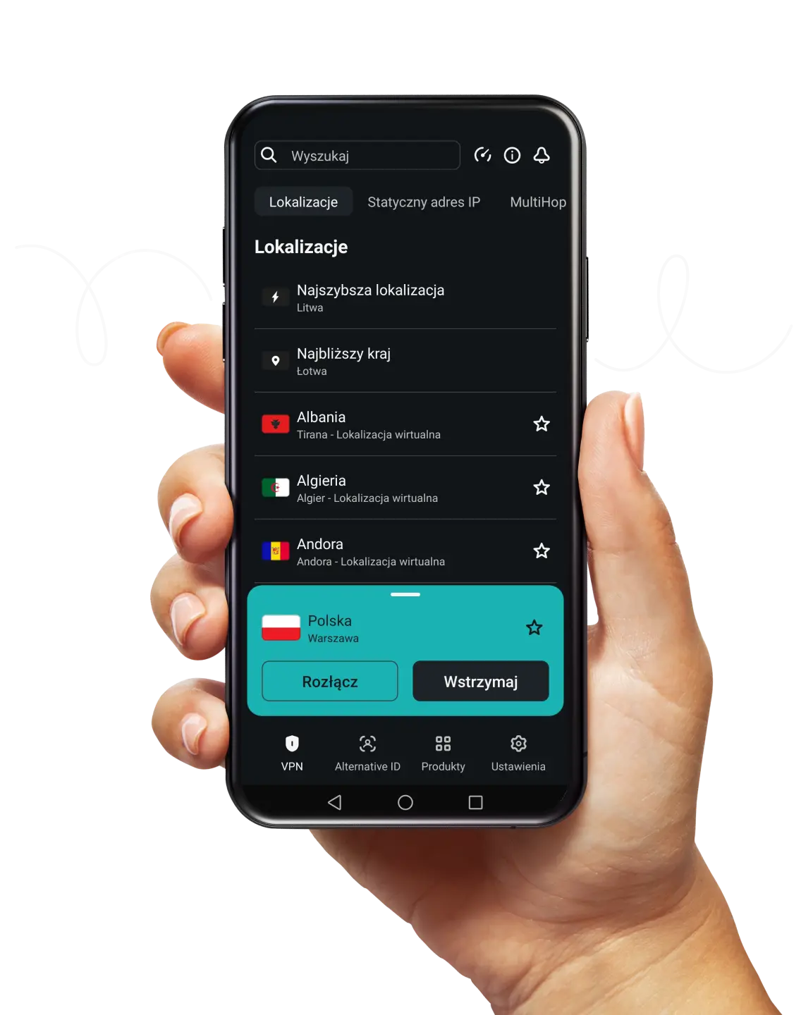 Ręka trzymająca smartfon wyświetlający listę lokalizacji VPN, z białym zawijasem w tle.
