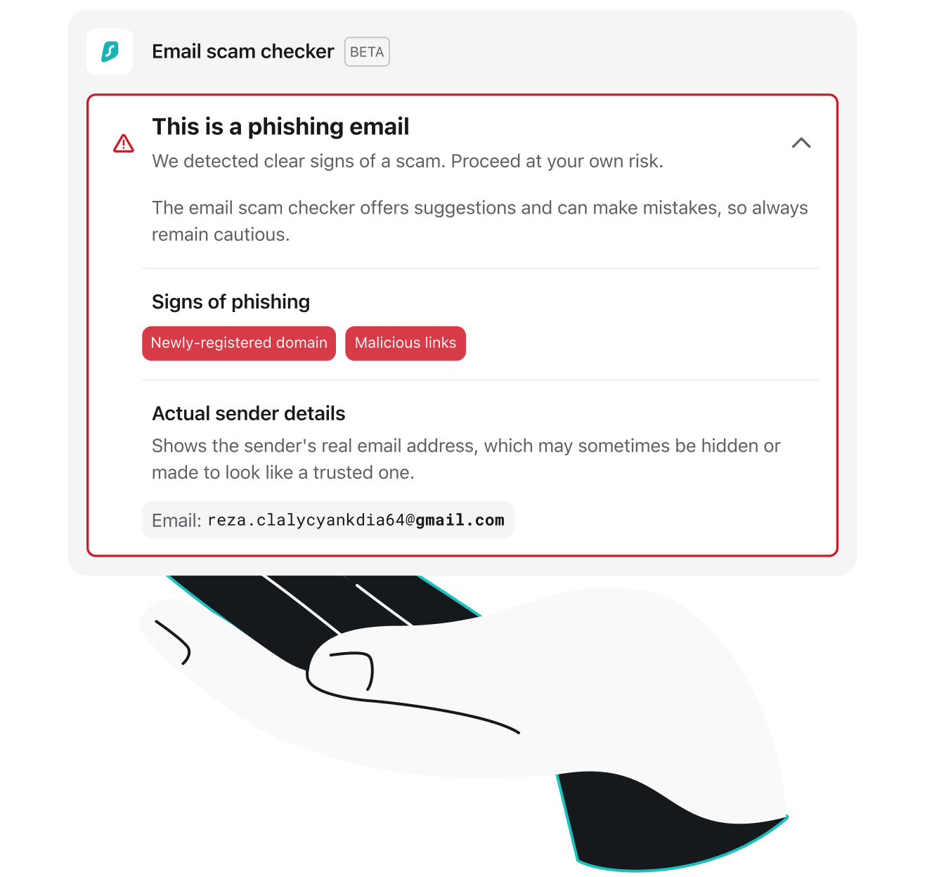 A hand under a computer notification window of an email scam checker showing a phishing email warning and signs of phishing.