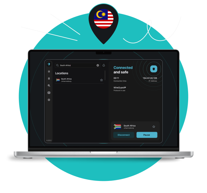 Laptop screen with the Surfshark VPN app showing Malaysian servers under a location pin with the Malaysian flag.
