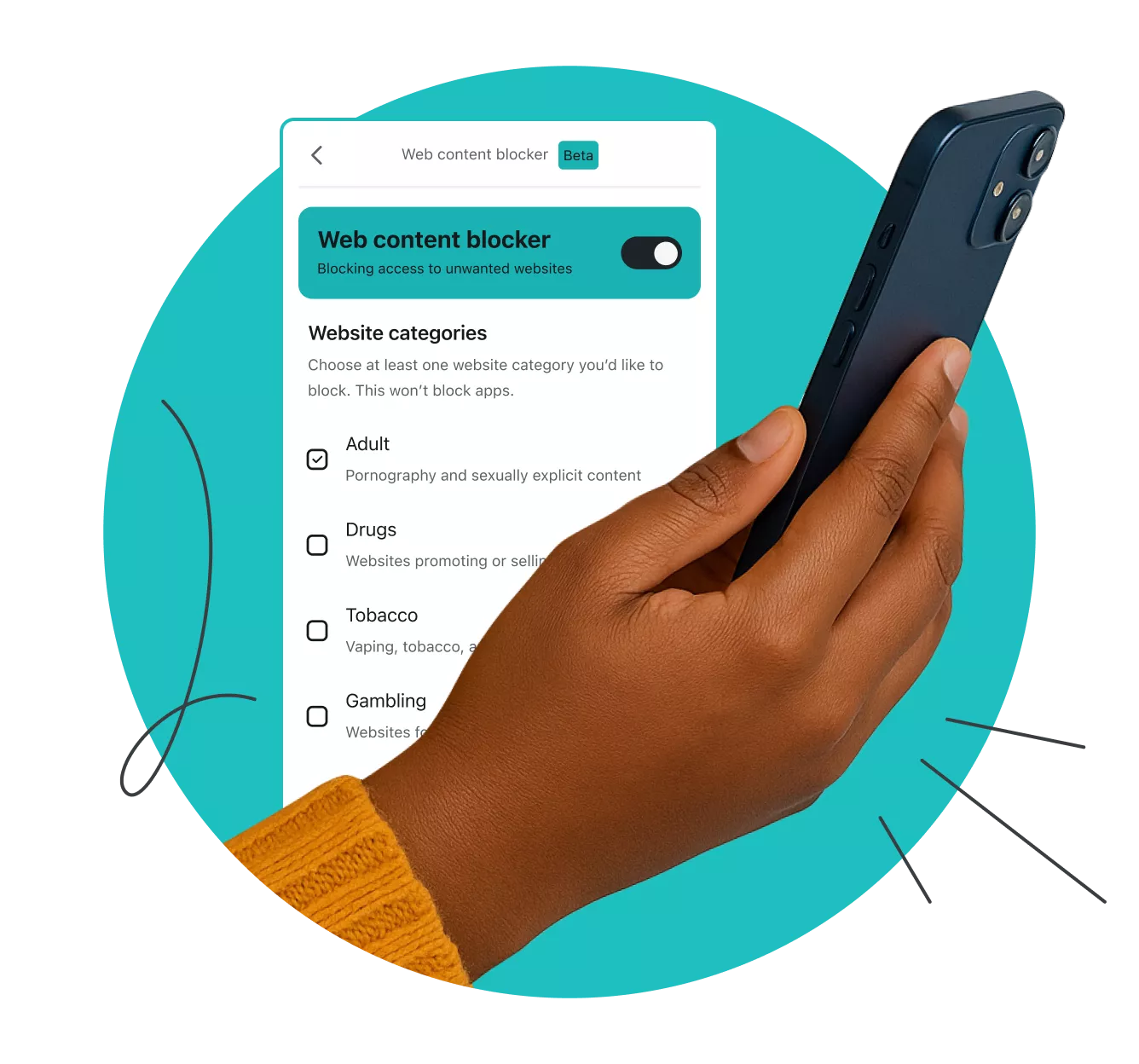 A hand holding a smartphone in front of a screen displaying the text Web content blocker and a list of website categories.