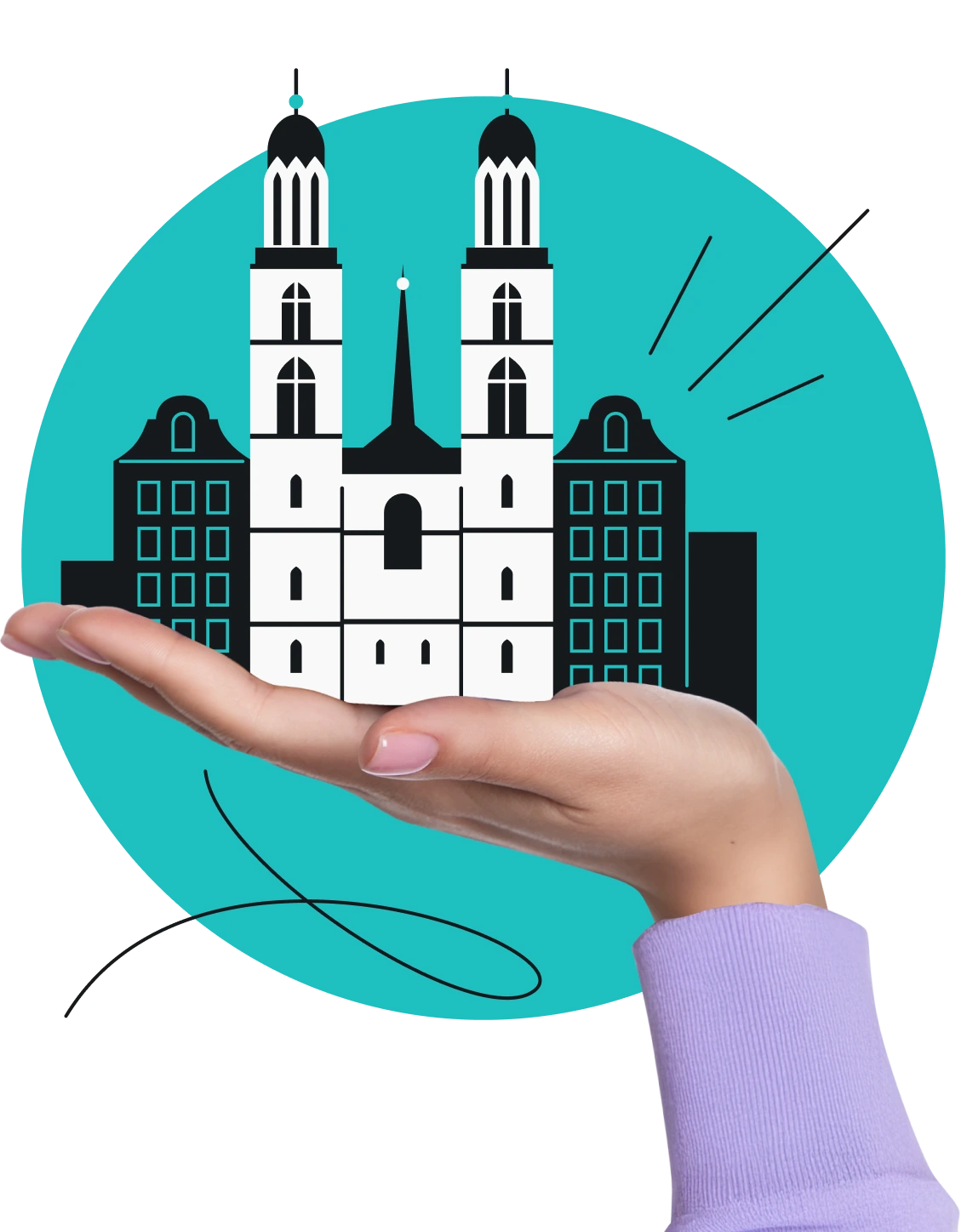 Main tenant une silhouette stylisée de Zurich avec l’église Grossmünster à deux tours, sur un fond bleu sarcelle.