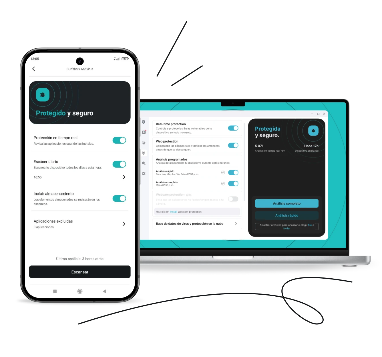 Un teléfono y una computadora portátil, mostrando los paneles de Surfshark Antivirus en sus pantallas.