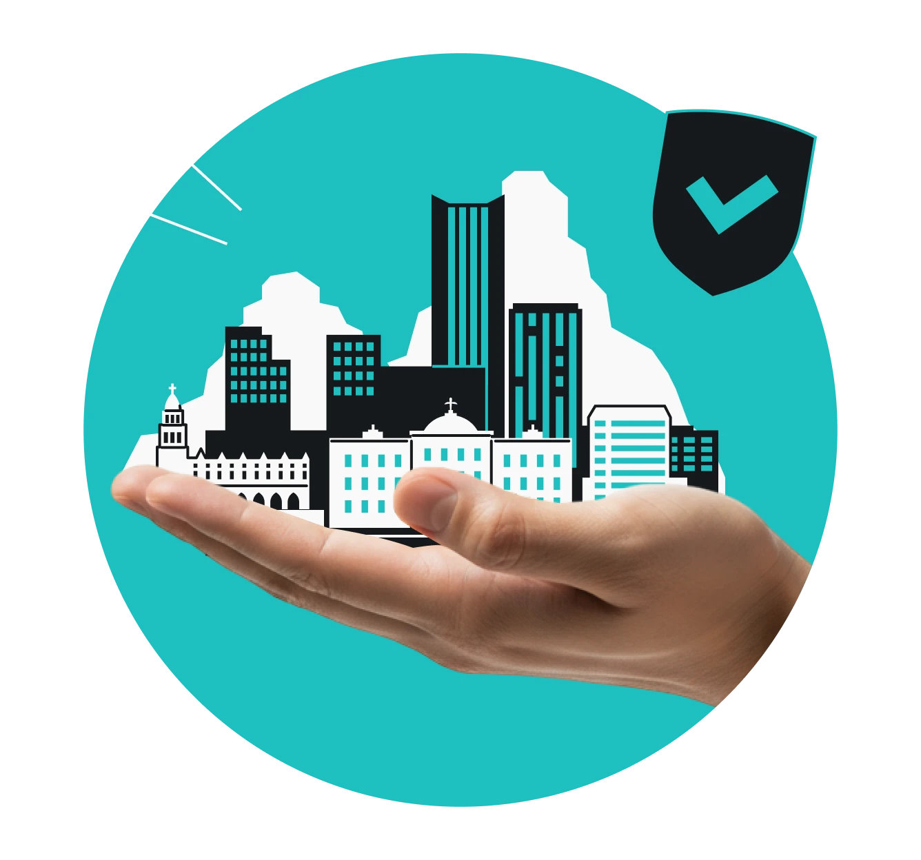 A hand holding a Phoenix, AZ cityscape, with a set of impact lines and a checkmarked shield floating beside it.