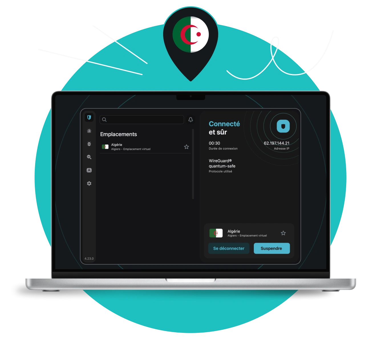 Écran d'ordinateur portable affichant l'interface de l'application Surfshark VPN, présentant des serveurs algériens sous un marqueur de localisation orné du drapeau algérien.