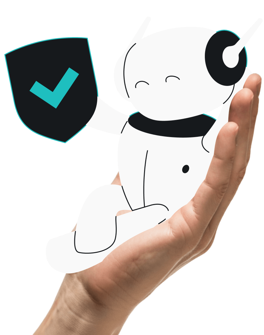 A hand holding a small robot with antennae as it raises a checkmarked shield.
