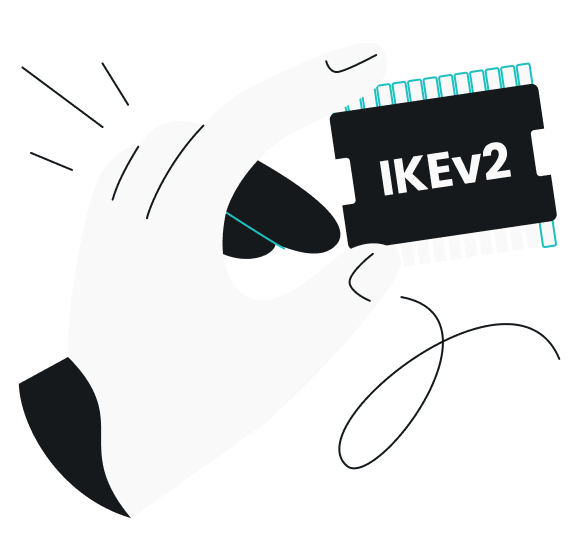 A hand holding a computer chip labeled IKEv2 next to motion lines on a teal background.