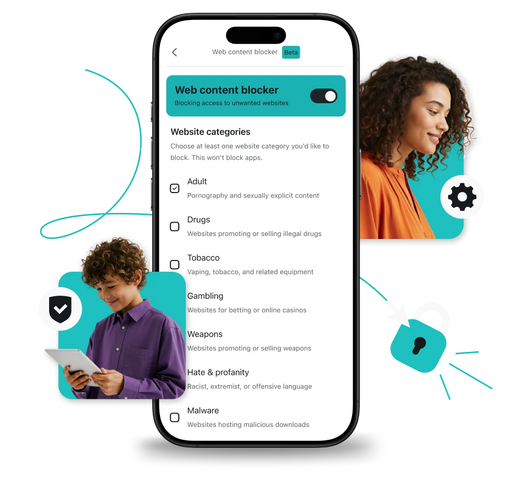 A phone showing the web content blocker menu, a child using a tablet with a security shield, and a woman beside a gear icon.