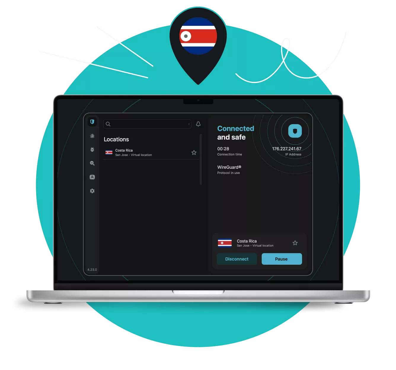 A laptop screen showing the Surfshark VPN app with Costa Rican servers beneath a location pin featuring the Costa Rican flag.
