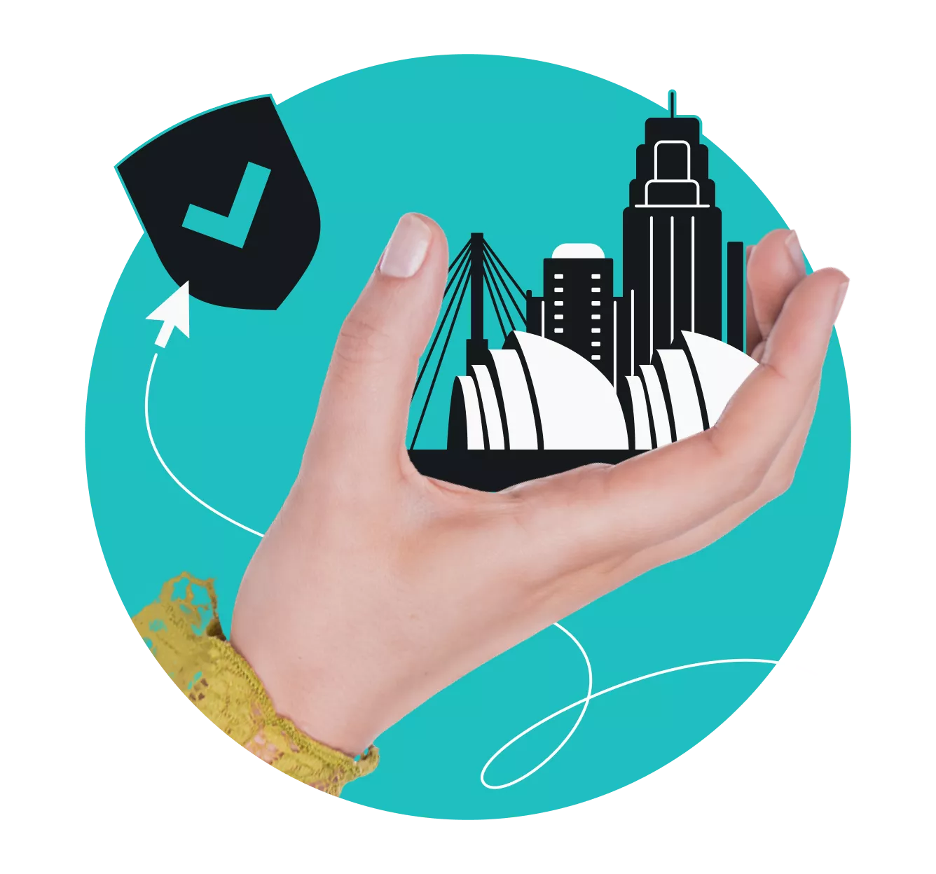 A hand holding a stylized Kansas City landscape, with a checkmarked shield and a squiggly arrow nearby.
