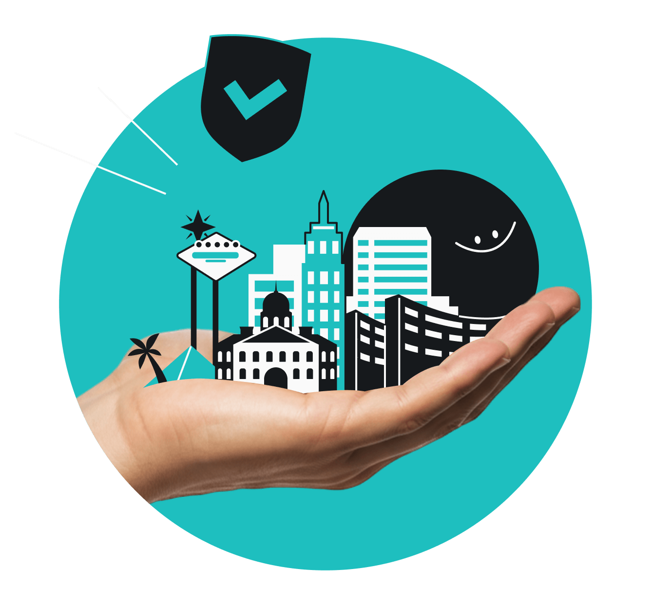 A hand holding a stylized Las Vegas cityscape, with a checkmarked shield and a set of impact lines nearby.
