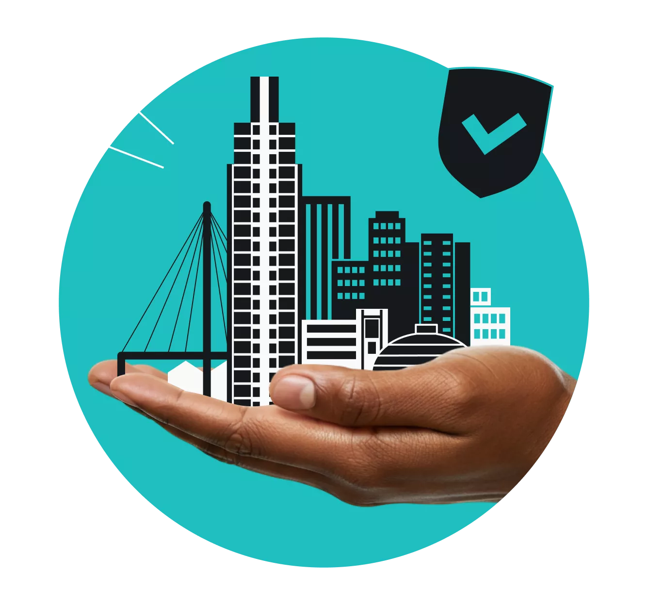 Hand holding a stylized Omaha skyline next to a checkmarked badge on a teal background.