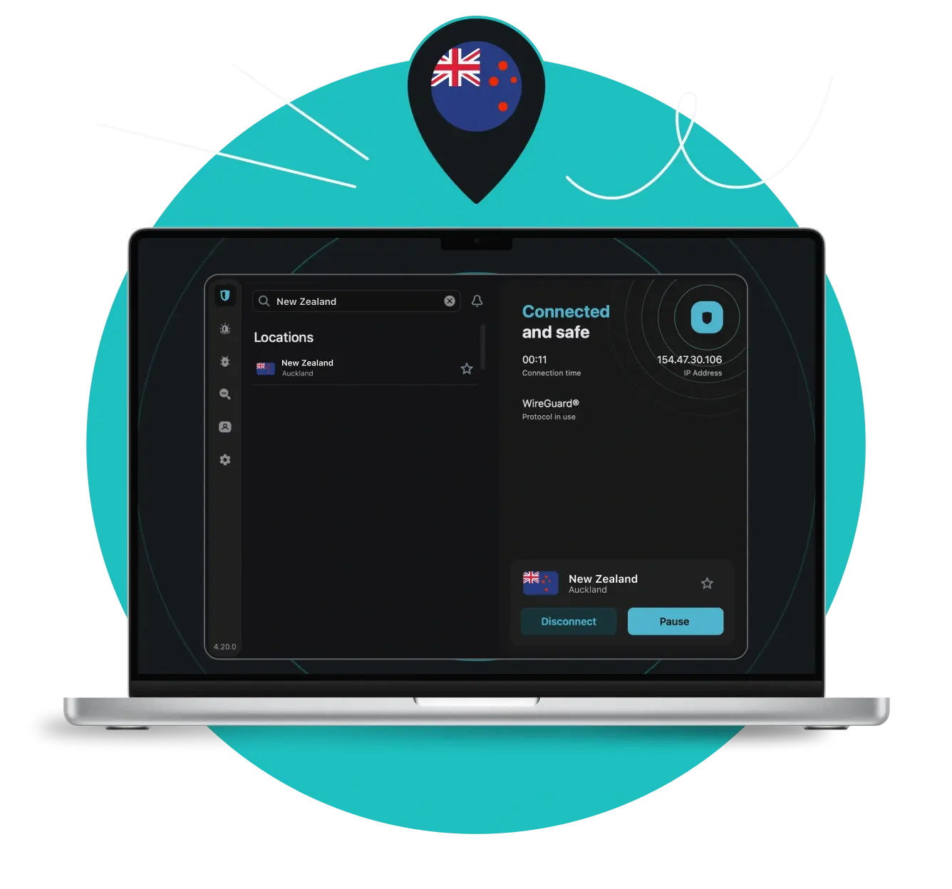 Laptop screen showing Surfshark VPN connected to a New Zealand server and the status as Connected and safe.