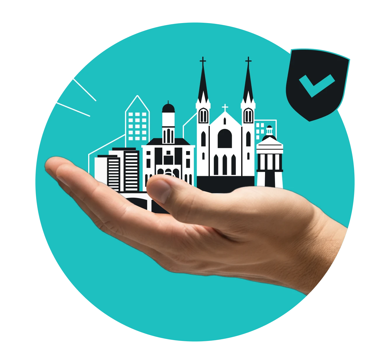 A hand holding a stylized Virginia cityscape, featuring the gothic basilica in Roanoke.