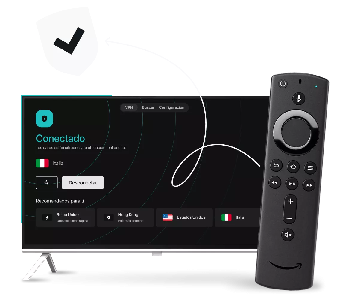 Un Smart TV que muestra la interfaz de Surfshark VPN junto a un mando de Amazon Fire TV, una flecha curva y un escudo con una marca de verificación.